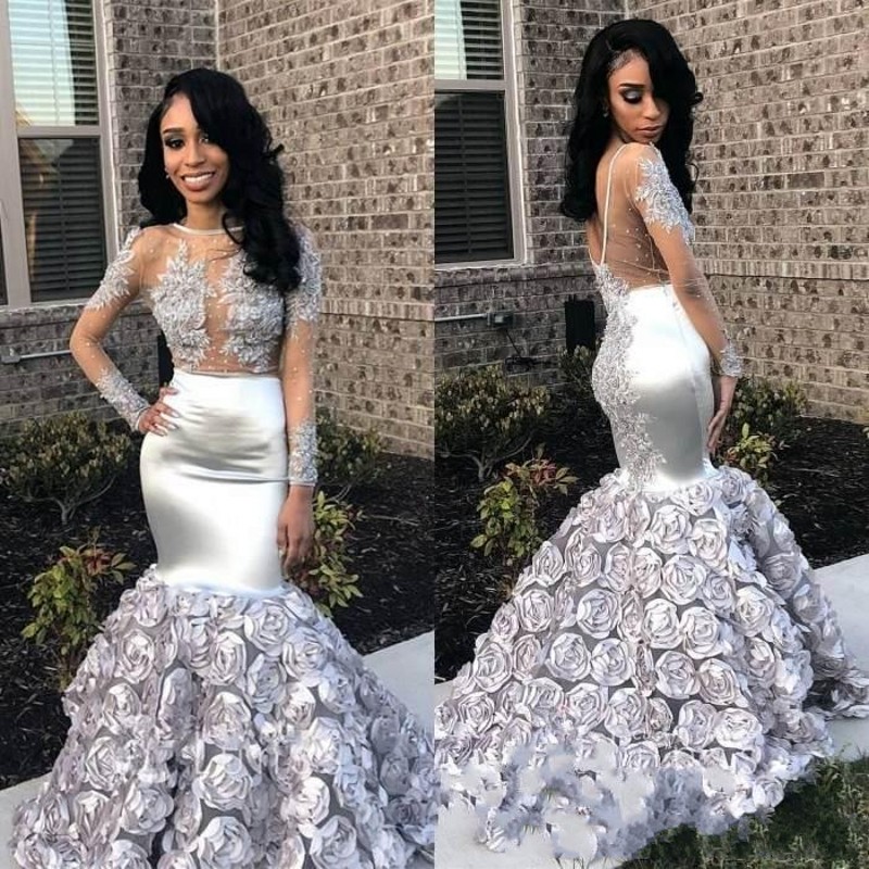 

2019 Custom Jewel Neck Prom Dresses Long Sleeve Tulle Applique With Satin Petal Power Cascading Ruffles Flowers ormal Party Evening Dress, Light purple