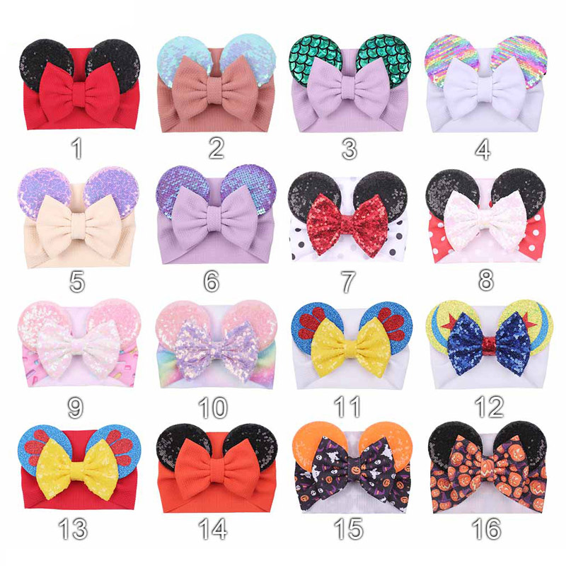 

16 Style Cartoon Sequined Mouse Ears Headband Sequins Bow Headwrap Elastic Bowknot Hairbands Hair Bows Baby girl Wide Halloween Hairband B1, As photo