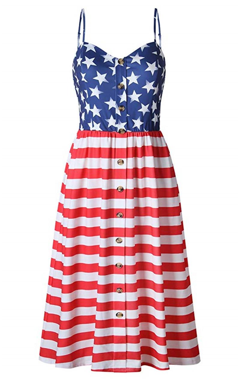

American Day Women Dress Designer Printed Suspenders National Flag Female Dresses Fashion Trend Loose 3D Thin Casual Sleeveless Dress