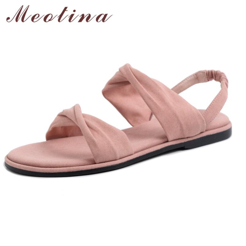 

Meotina Women Sandals Pleated Flat Shoes Ladies Round Toe Footwear Female Summer Elegant Sandals Blue Black Pink Size 34-39 2020