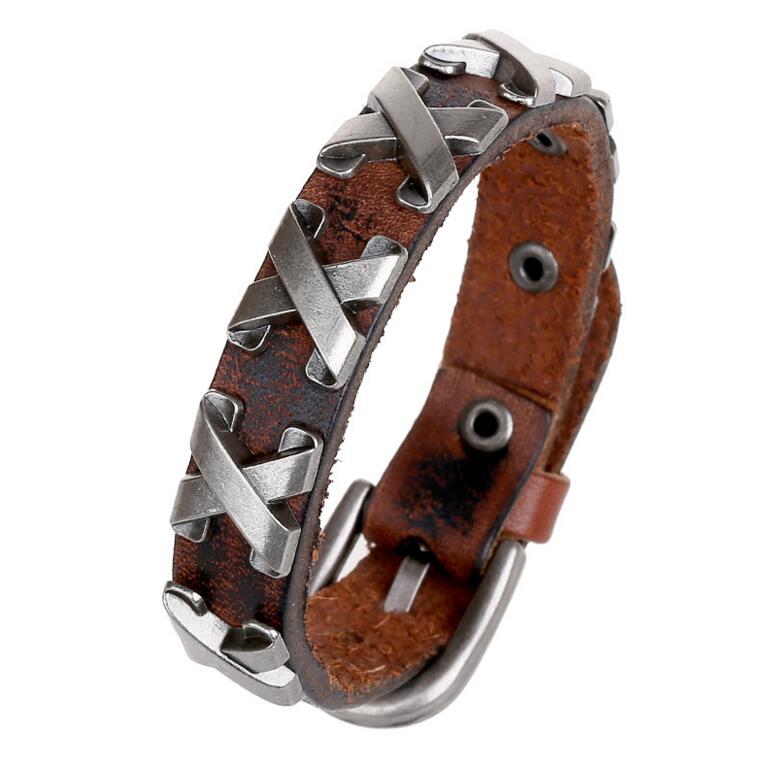 

New Design Cool 100% Genuine Leather Thick Male Bracelet Metal Cross Rivets Studded Cuff Bangle Single Buckle Belt Bracelet pulseras hombre