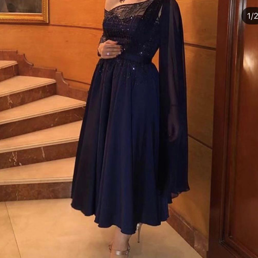 

Navy Prom Dresses Beading Sequines Sashes Long Sleeve Evening Gowns Ankle Chiffon Evening Gowns, Blue