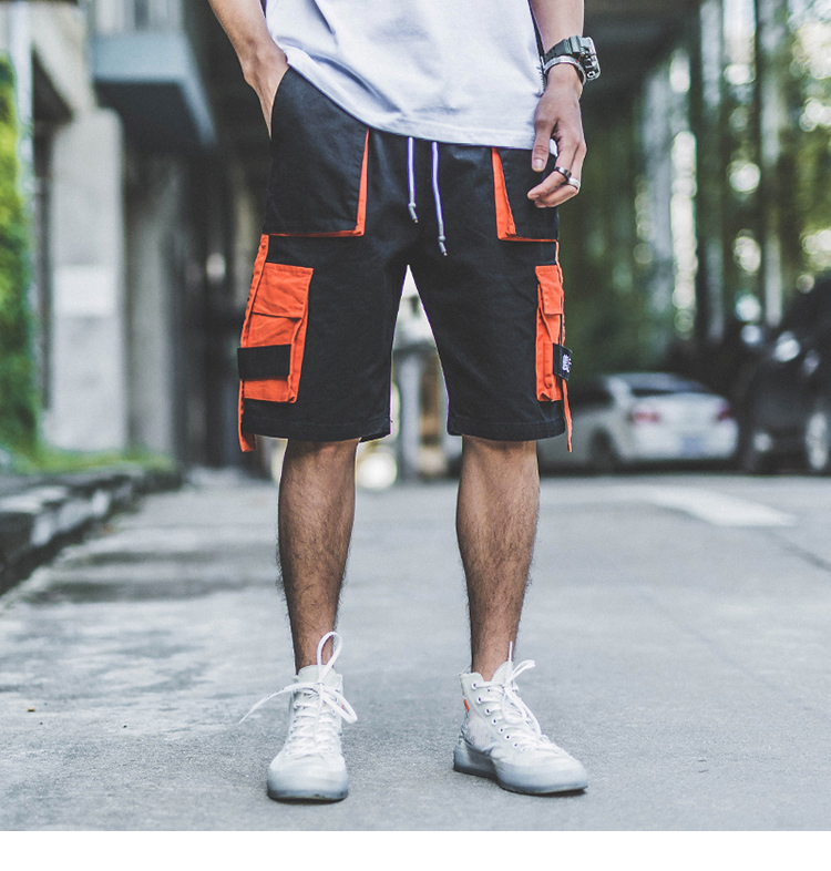 

Januarysnow Harajuku Cargo Shorts Kanji Hip Hop Short Streetwear Men Short Pocket Cotton Jogger Sweatpant Casual Black Patchwork