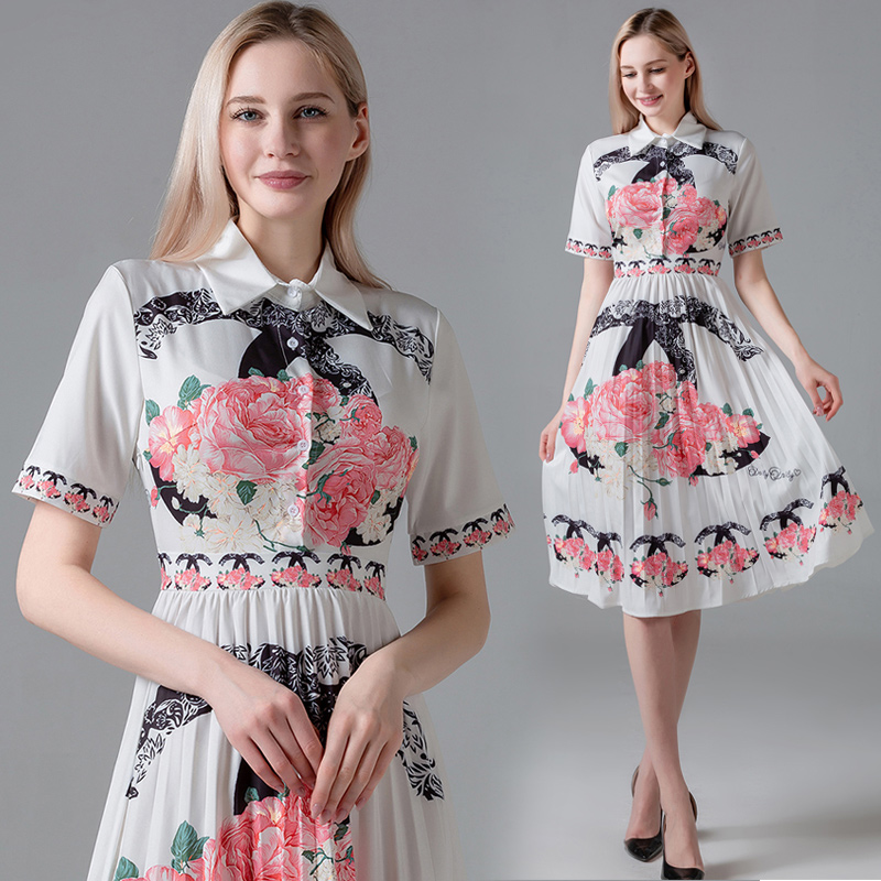 

New Hot 2020 Summer Runway Women Fashon Lapel Pleated Shirt Dress Elegant Ladies Floral Print Slim Casual Office Button Short Sleeve Dresses, Customize