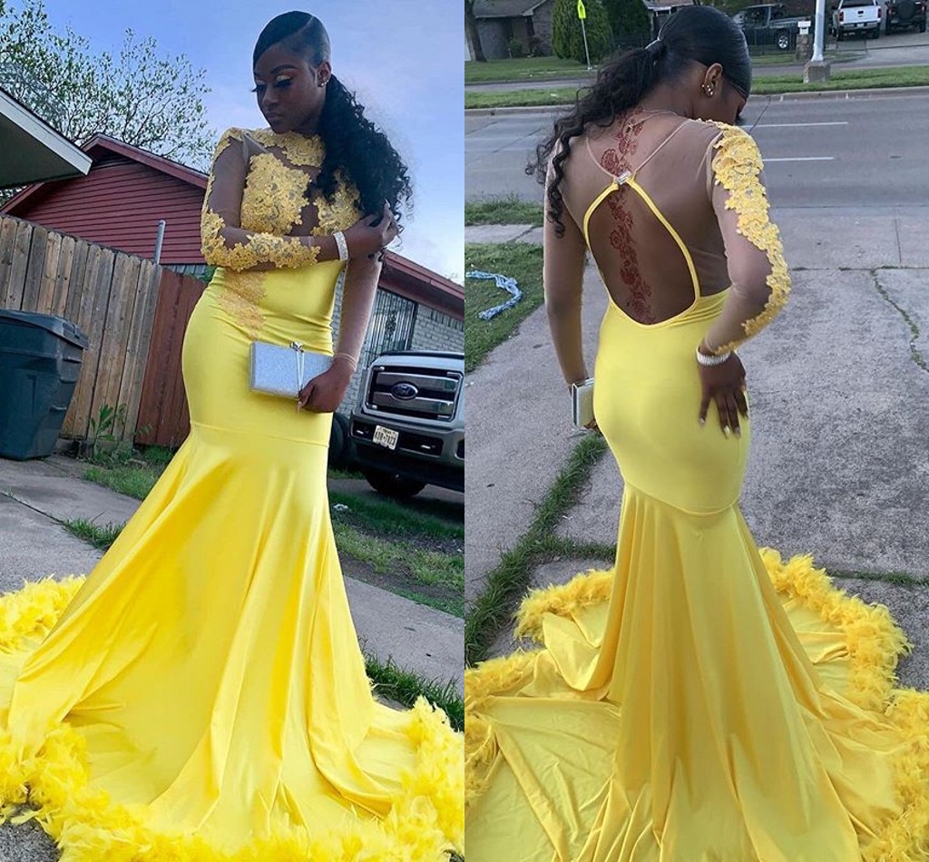 

2019 Yellow Mermaid Prom Evening Dress Sexy African Long Sleeve Appliqued Formal Party Gown Sexy Backless Further Pageant Dresses, Same as picture
