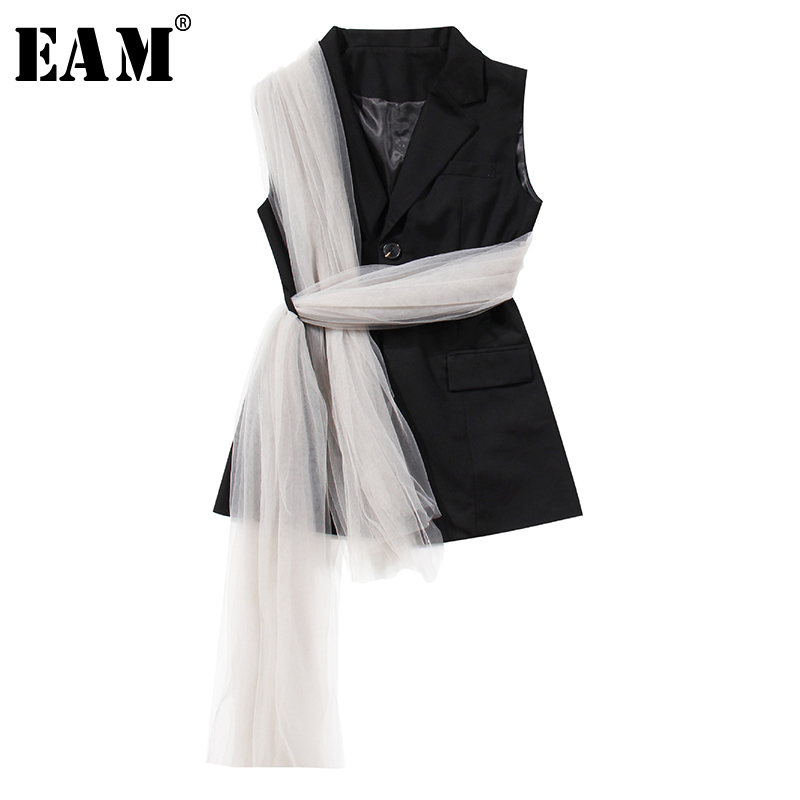 

EAM] Women Loose Fit Black Mesh Bandage Split Joint Irregular Vest New Lapel Sleeveless Fashion Tide Spring Autumn 2020 1X341