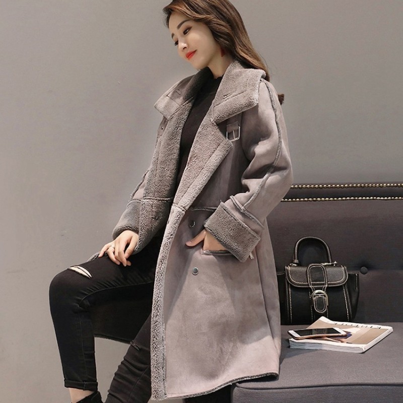 

Winter Women Warm Fleece Lining Faux Suede Leather Outwear Windbreaker Office Ladies Slim Fit Overcoat Thick Trench Coat, Pink