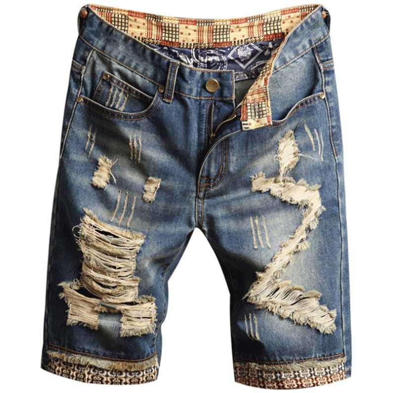 

Jeans Shorts Patchwork Ripped Designer Male Knee Length Pants Washed Distrressed Scratched Embroidery Boys Straight Shorts Summer Mens Hole, Blue