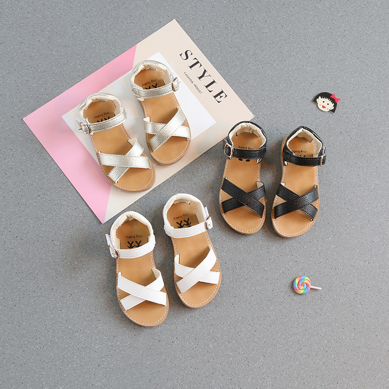 

Children's Shoes Girls Sandals Princess Shoes Classic Cross Summer Children PU Sandals Roman Tide, Black 501