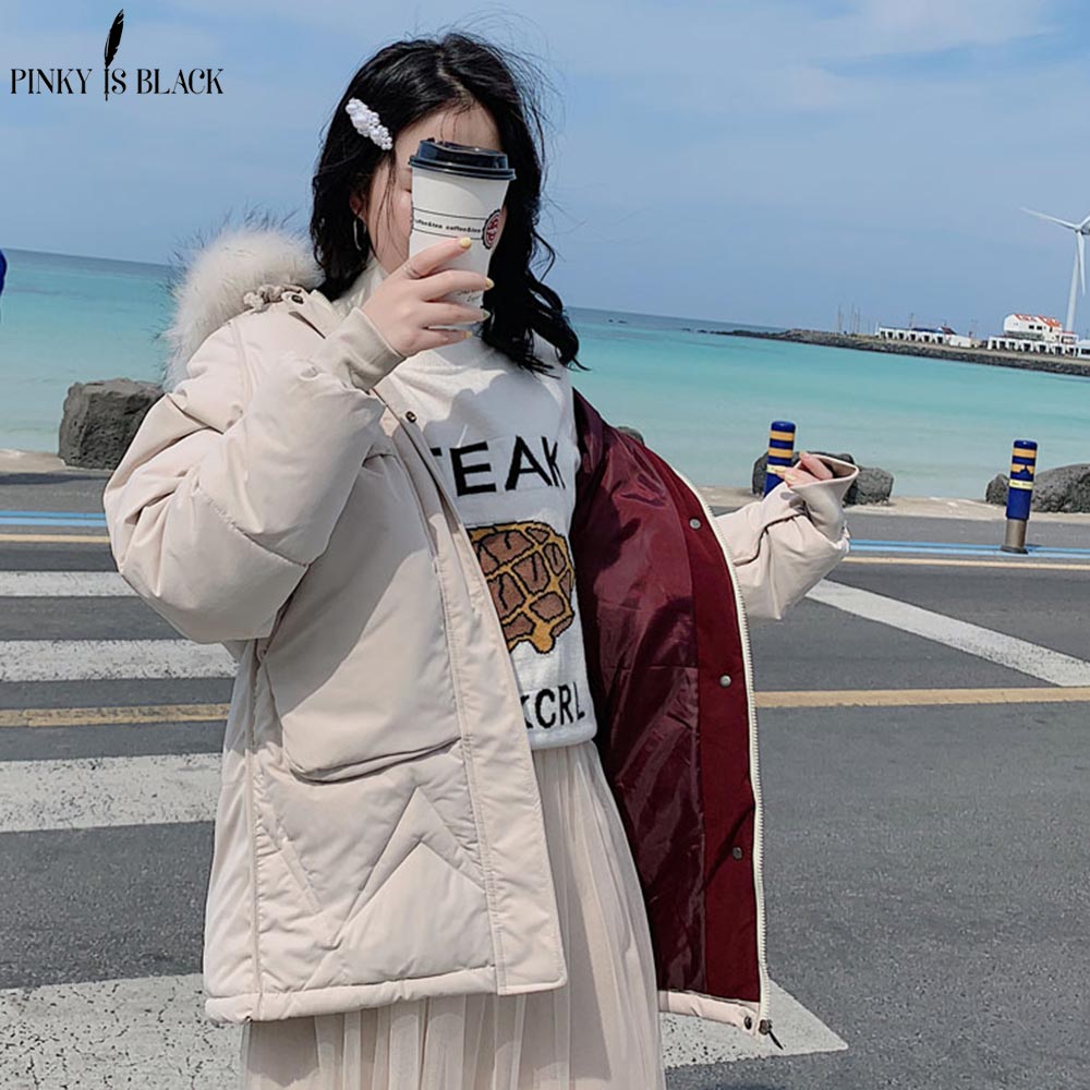 

PinkyIsBlack 2019 Winter Korean Big Fur Collar Parkas Women Short Winter Jacket Women Thick Snow Wear Coat Female Wadded Jacket, Black