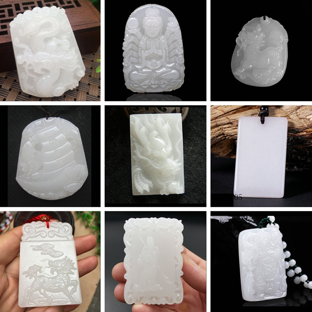 Fine Chinese natural white Jade Statue Pendant Amulet Necklace Antique Dragon