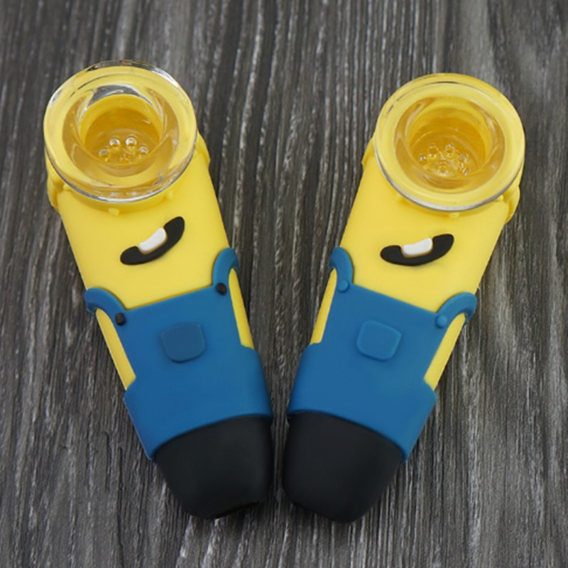 

New Minions silicone smoking pipes cute Cartoon design food grade hand water pipe with glass bowl Tobacco hookah smoking Accessories