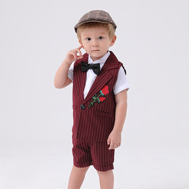 

2020 Baby Clothes Set Summer Boys Set Formal Suit Clothes For Boys 3pcs Blouse+vest+pants Kids Conjunto Menino, Wine red