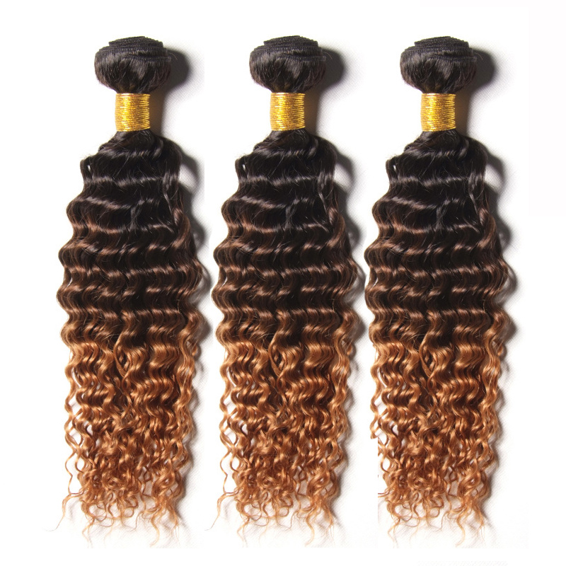 

Brazilian Ombre Deep Curly Hair Bundles 3 Tone 1B/4/30 Brown Ombre Brazilian Curly Virgin Human Hair Weaves, Ombre color t1b/4/30