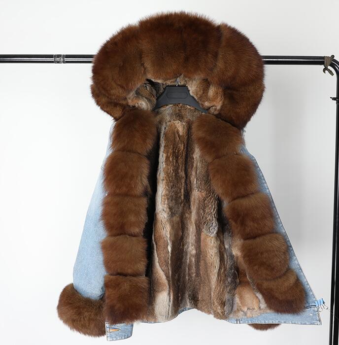 

Dark brown fox fur Placket trim maomaokong brand dark brown fox and rabbit fur lining light blue demin mini parkas, Brown fur
