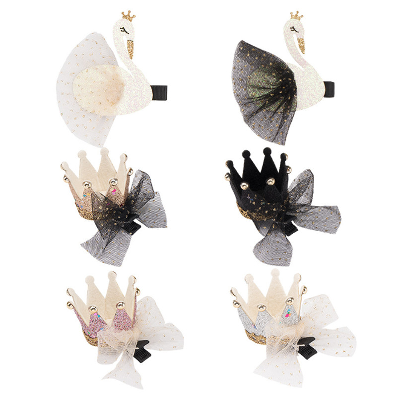 

12pc/lot Glitter White/Black Mesh Gauze Swan Hair Clips Three-Dimensional Crown Barrette Princess Hairpins Kids Hair Accessories, Black swan