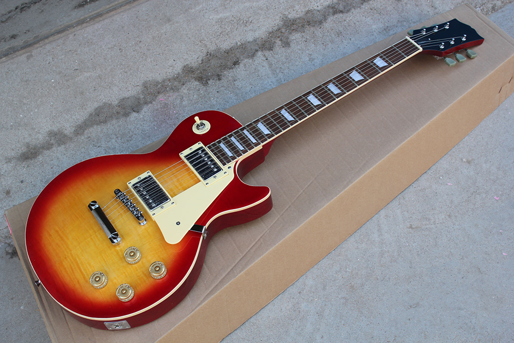 

Factory Custom Cherry Electric Guitar with White Pearl Fret Inlay,White Pickguard,White Binding,Can be Customized