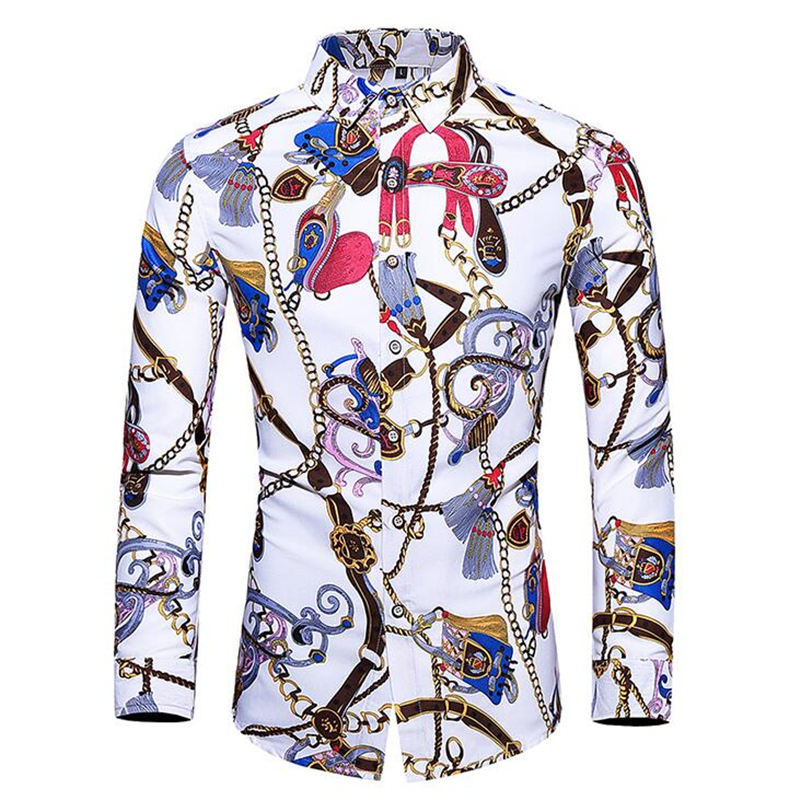 

Men's Casual Shirts Men Fashion Long Sleeved Hawaiian Shirt 2021 Spring Chain Printing Slim Lapel Sleeve Chemise Homme 7XL, Pic show 2