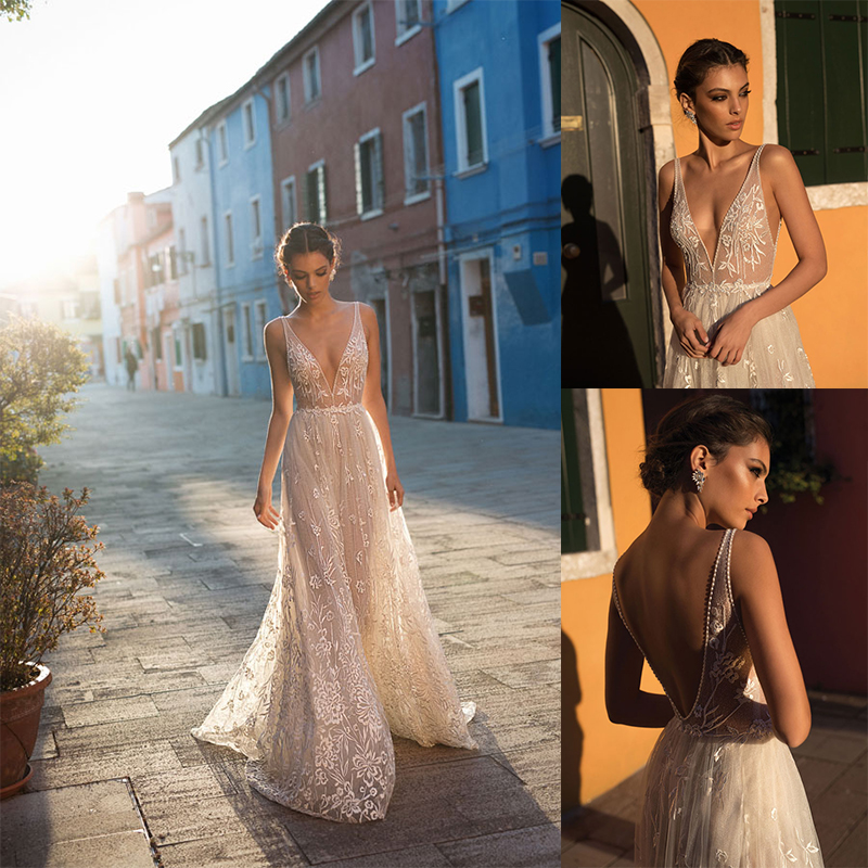

Gali Karten A Line Wedding Dress Appliques Crystal Pearls Deep V Neck Sleeveless Backless Wedding Dresses Floor Length Dreamy Bridal Gowns, Red