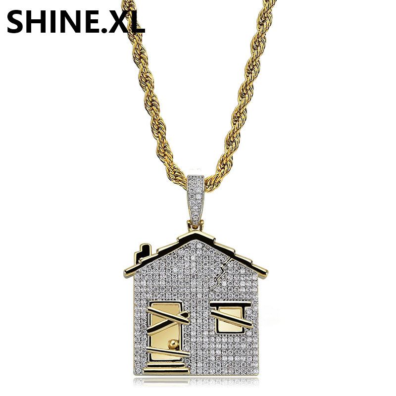 14K Gold Plated House Pendant Necklace Men Iced Out Cubic Zirconia Chains Copper Material Hip Hop Charms Jewelry