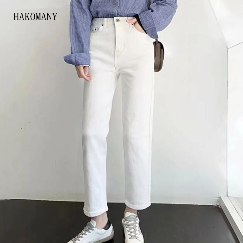 

2020 Women Casual Denim Pants Ankle Length Denim Trousers Spring Vintage High Waist Stretch Straight Jeans White Blue