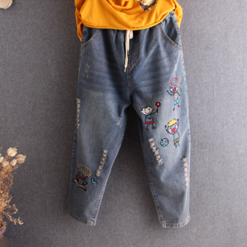 

Cute Cartoon Fashion Korean Ladies High Waist Straight Pants Women Vintage Elastic Jeans Punk Embroidery Blue Ripped Trousers