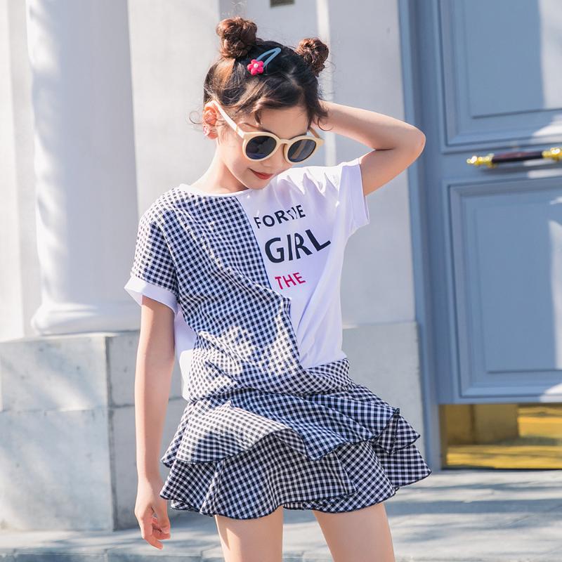 

New Fashion Girls Suit Black and White Hit-color Top and Skirt Set for Toddler Girls 4-6-8-10-12 Children Clothes Casual Set, H22066 as photo