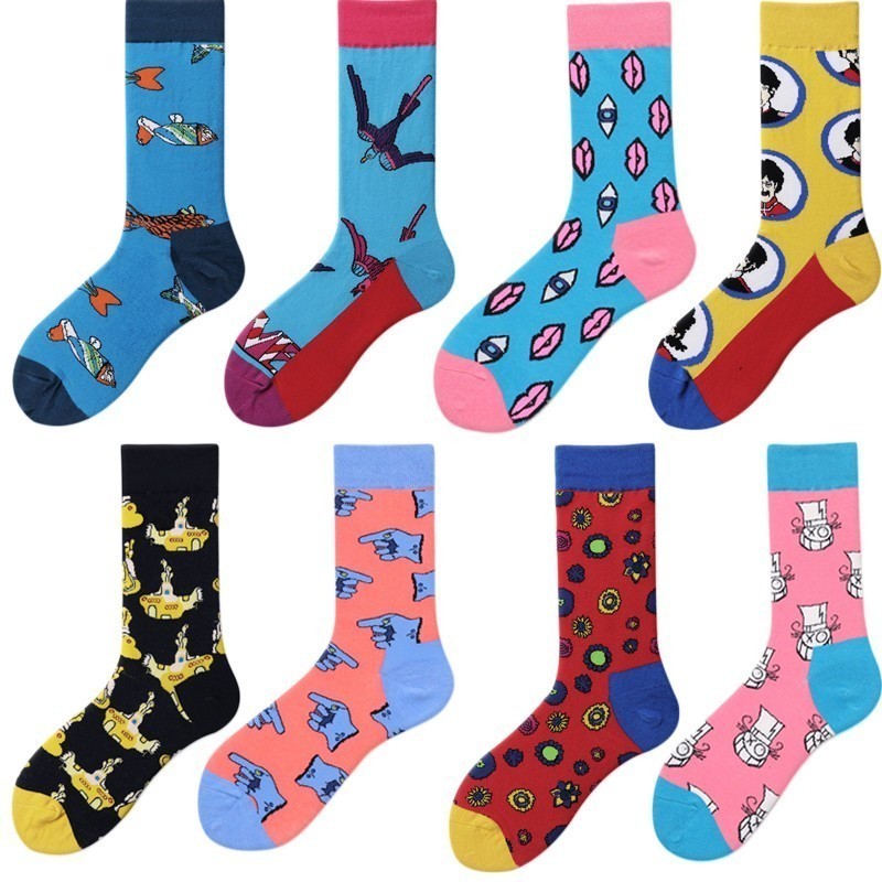 

Brand Happy Socks High Quality Soft Men Pure Cotton Men's Socks Lovers Socks Harajuku Hip Hop Anime Apple Spring Animals 2pcs=1pairs, Black