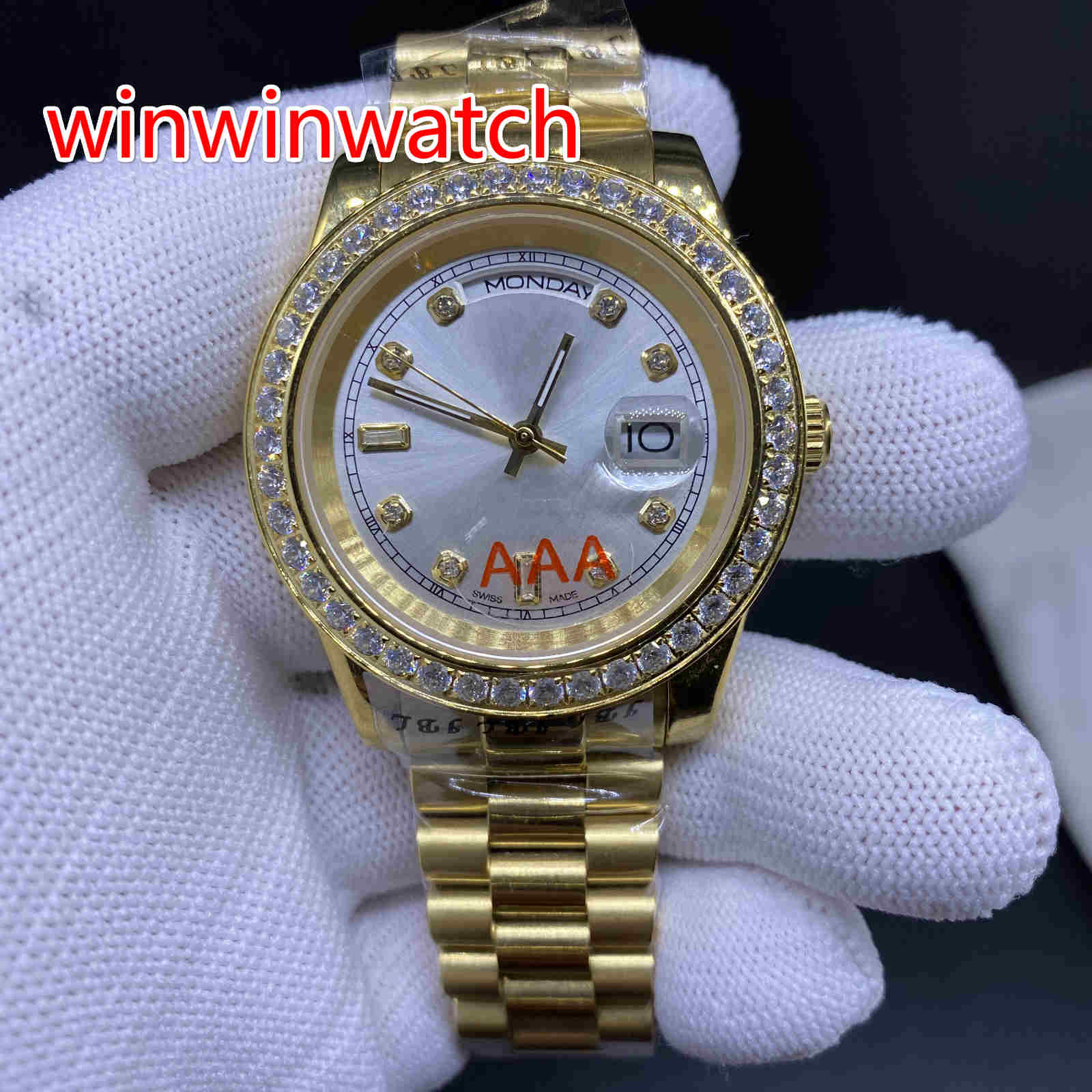

High Quality wholesale watch DAY DATE mechanical glide smooth 40MM mens watch gold Stainless steel diamond bezel silver face Wristwatches