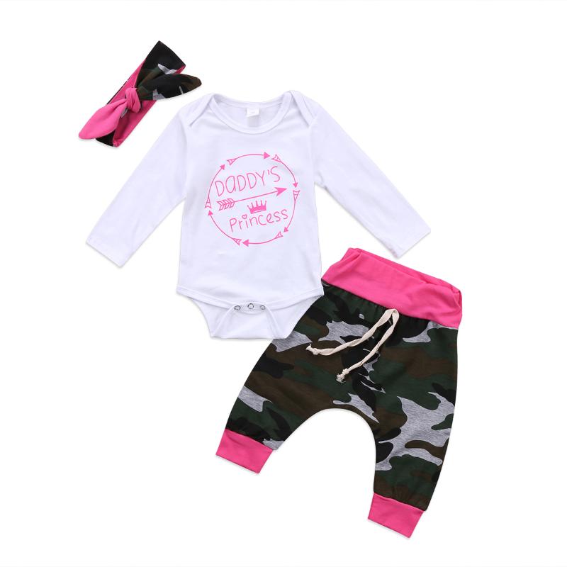 

Pudcoco Fast Shipping Autumn Infant Baby Girls Princess Tops Romper + Camouflage Pants Outfit + Headband 3Pcs Set Clothes, Rose red