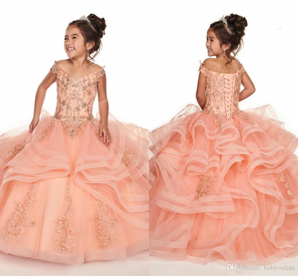 

Tier Ruffles Coral Girl Pageant Dresses New Off the Shoulder Corset Back Flower Girl Dresses Beads Crystals For Teens Birthday Party Dresses, Same as image