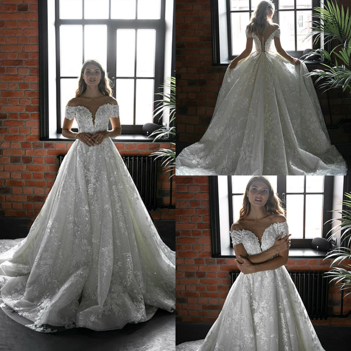

2020 Olivia Bottega Wedding Dresses Lace Applique Sequins Off Shoulder Sweep Train Beach Bridal Gowns Custom Made A Line Boho Wedding Dress, Coral