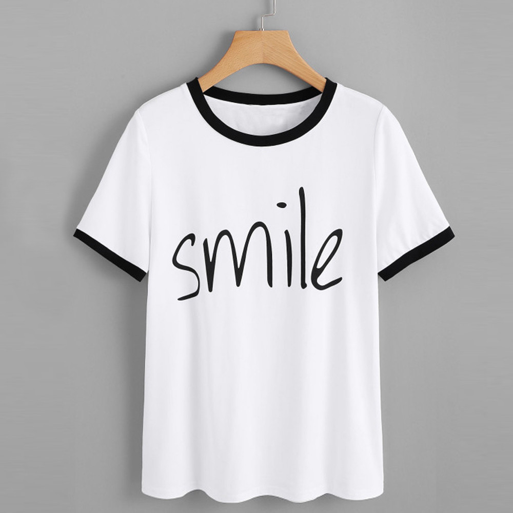 

T-shirt Women Fashion O-Neck Short Sleeve Letter Print Summer Ladies Tops Casual Loose Femme Top, White