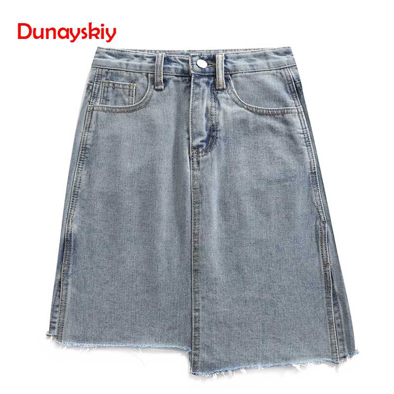 

Woman Summer Casual Fashion Blue Solid Denim Skirts High Waist Asymmetrical All-matched Slim Frayed Edge Mini Skirts