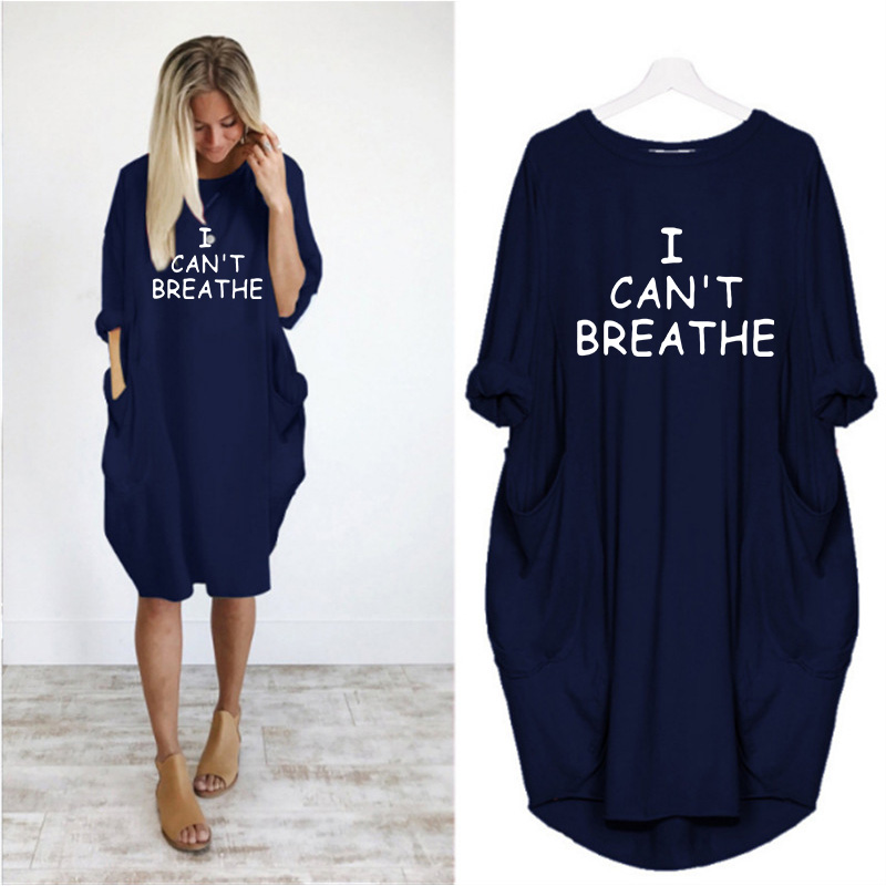 

Women Designer Dresses Letter Printed I Can't Breathe Trendy Designer Ladies Dress Casual Loose Long Sleeve Fashion Apparel Summer New, Black