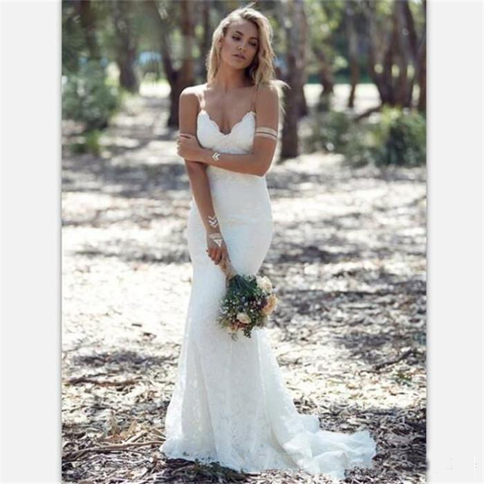 

2018 sexy spaghetti white lace mermaid wedding dresses backless sweetheart country bridal dress detachable train beach wedding gowns, Silver
