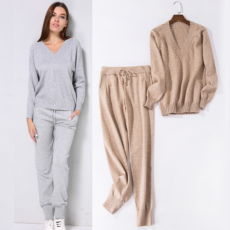 

Women Sweater Suit and Sets Casual Knitted Sweaters Pants 2PCS Track Suits Woman Casual Knitted Trousers+Jumper Tops Clothing Set, Khaki