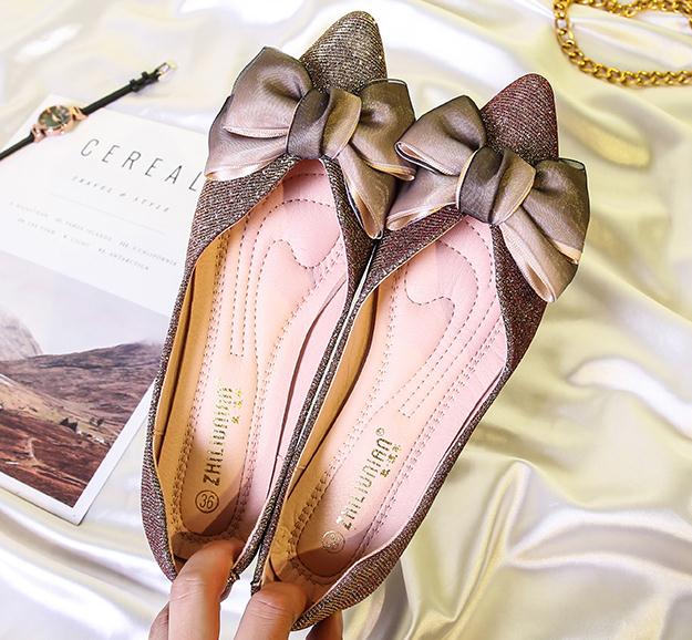 

2019 Women's shoes in Spring and Autumn with New style flat bottom pointed end bowknot sequined cloth @2406, Pink