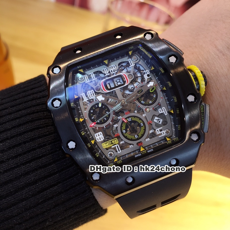 

New 9 Style Best Watches RM11-03 Black PVD Autoamtic Mens Watch Skeleton Dial Black Rubber Strap Gents Wristwatches M18C