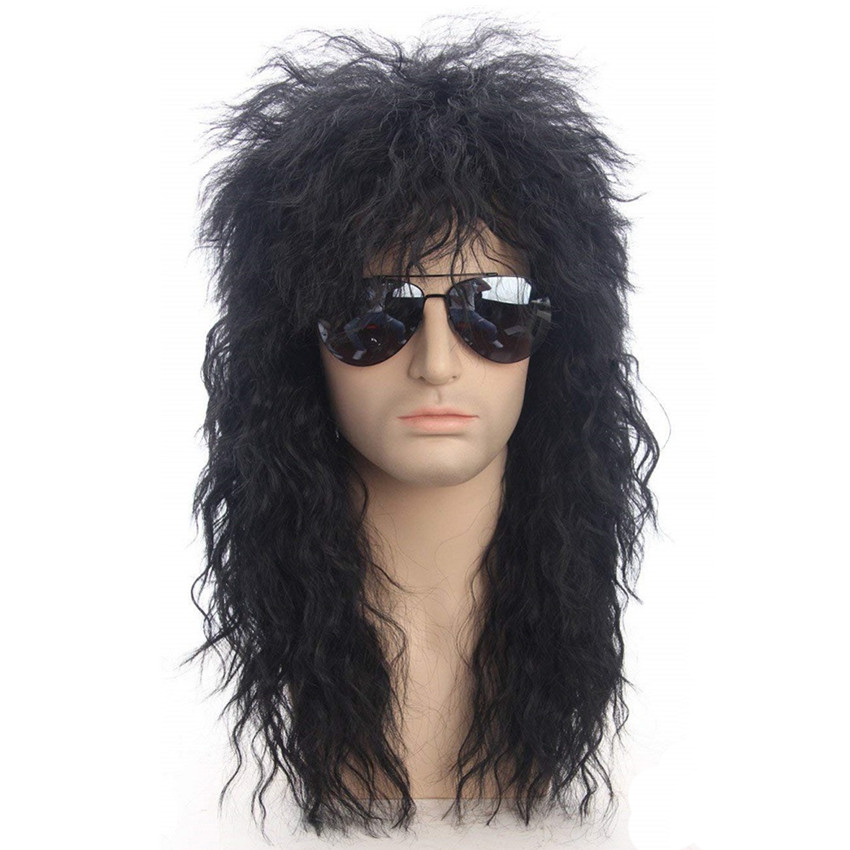 

Long Black Curly Men Wigs High Temperature Fiber Synthetic 80s Punk Rocker Hairpiece Headgear for Halloween