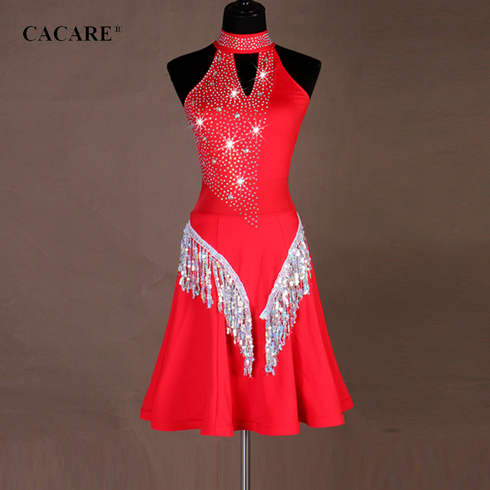 

CACARE Latin Dance Dress Women Latin Dance Competition Dresses Fringed Dress Salsa Costumes Ballroom Tango D0644 with Rhinestone, Red