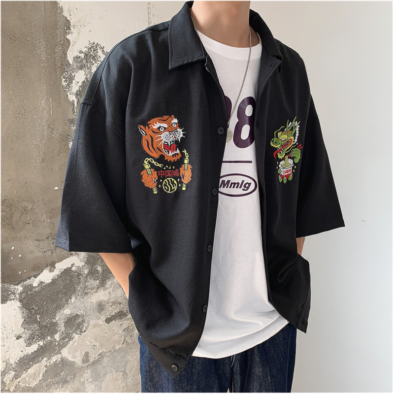 

2019 New Spring And Summer Korean Version Of Harajuku Couple Breathable Cotton Casual Stitching Contrast Color Men's Shirt, Black