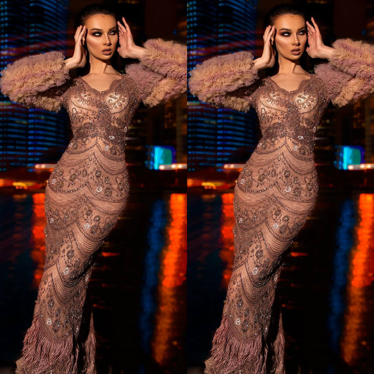 

2020 Elegant Prom Dresses V Neck Long Sleeve Mermaid Evening Gowns Custom Made Lace Appliques Beads Sweep Train Special Occasion Dress, Gray