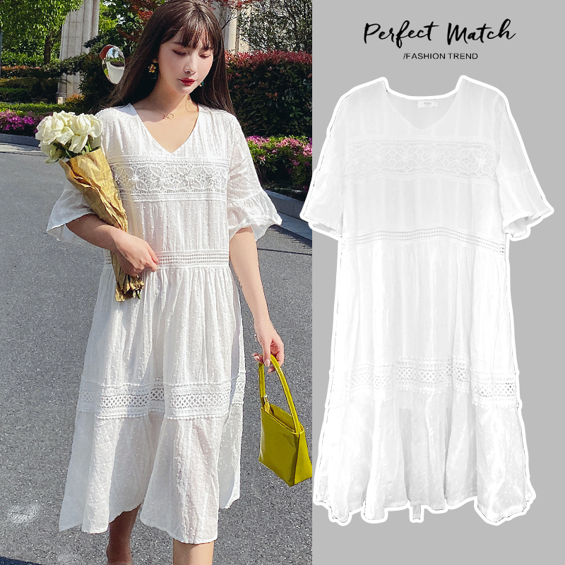 

6186# Maternity Dress Summer Chiffon V Neck Solid Color Short Sleeve Loose Stylish Dress for Pregnant Women Mom, White