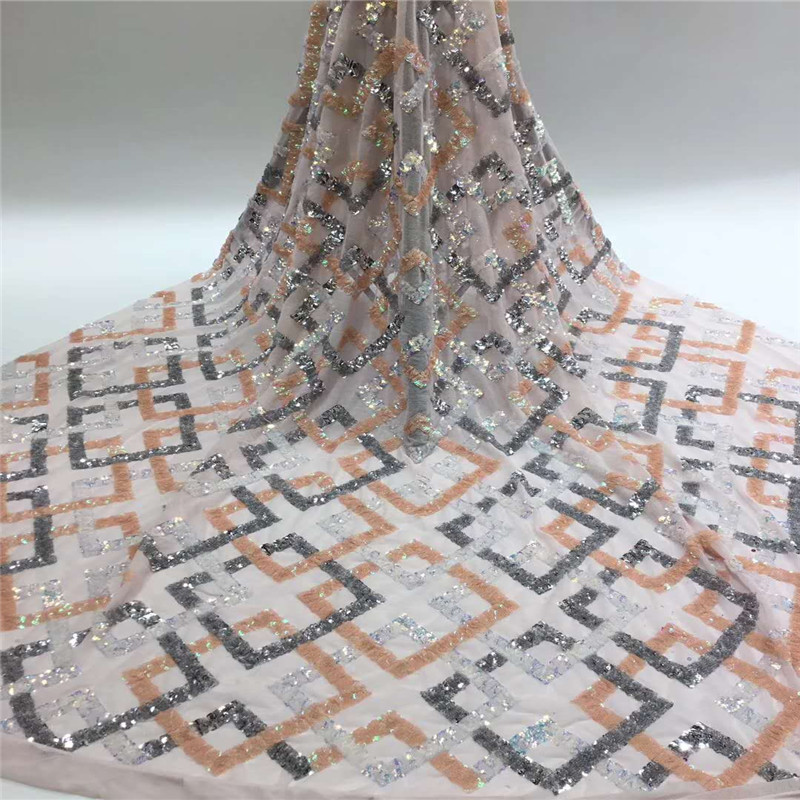 

New arrival african sequin lace fabric 2019 high quality lace silver white french fabric 5 yards for nigerian aso ebi dress