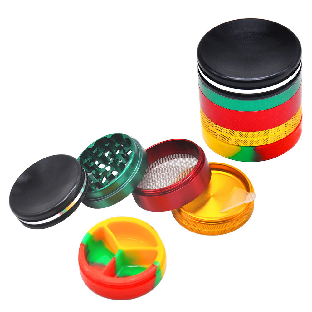 

Rasta Color Aluminum Smoking Herb Grinder With Silicone Stash Catcher 63 MM 5 Pieces Metal Tobacco Herbal Grinder Crusher Accessories