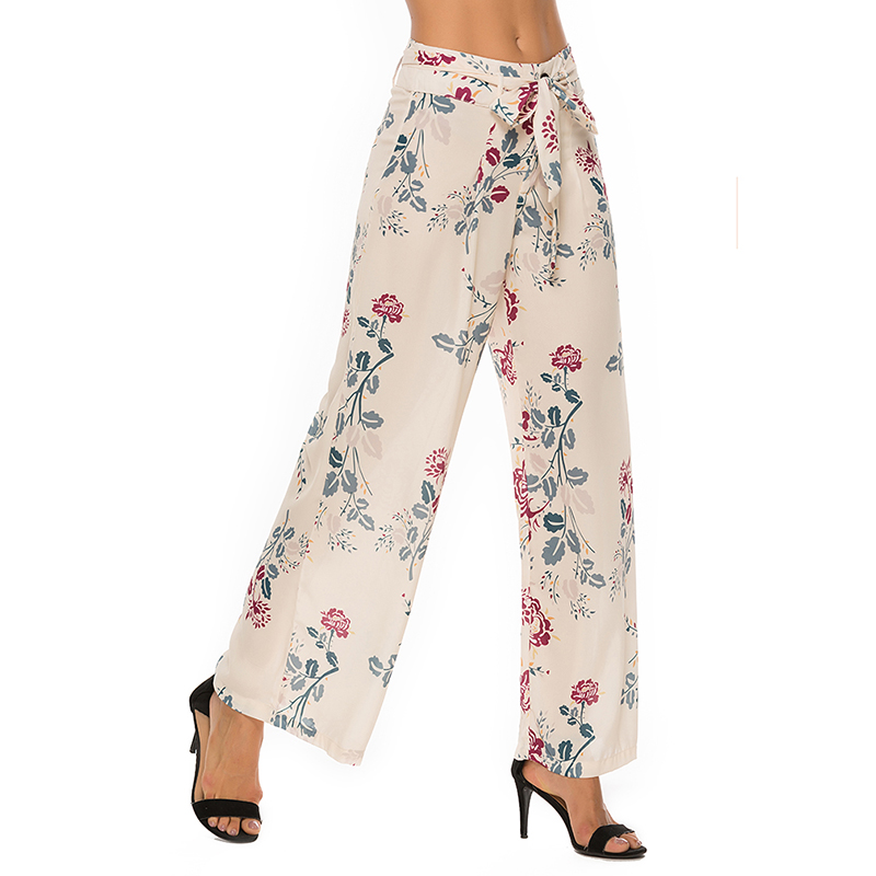 

High Waist Women Floral Print Pants Bandage Pleated Wide Leg Chiffon Casual Great for Party Daily Beach, Beige print