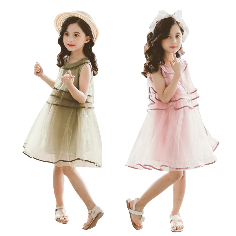 

green sleeveless lace chiffon dress age for 4 - 14 years teenage girls casual beach clothes 2020 new summer ruffle kids frocks