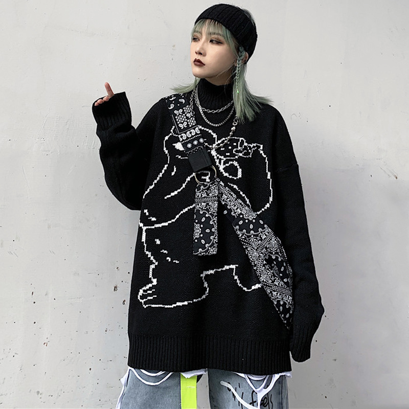 

Harajuku Cartoon Embroidery Sweater Female Vintage Loose Round Neck Long Sleeve Knit Cotton Autumn Sweater Women Man, Black