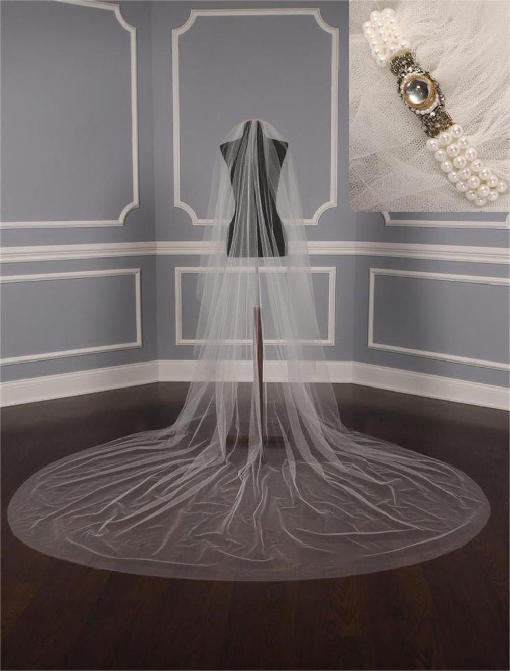 

2020 Best Selling Cheap 3M Long Cathedral Bridal Veils Tulle 2T Layers Cover Face Attached Sparkly Wedding Bridal Veil, Ivory